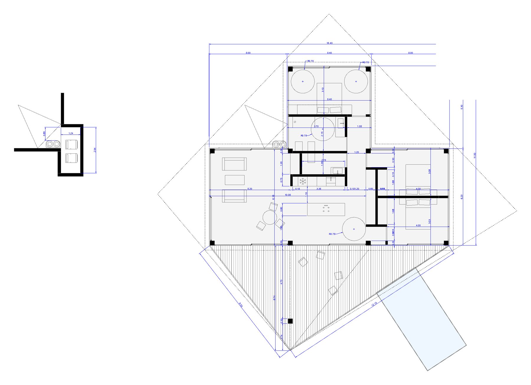 Floor plan drawing of the standard villa with deck and pool