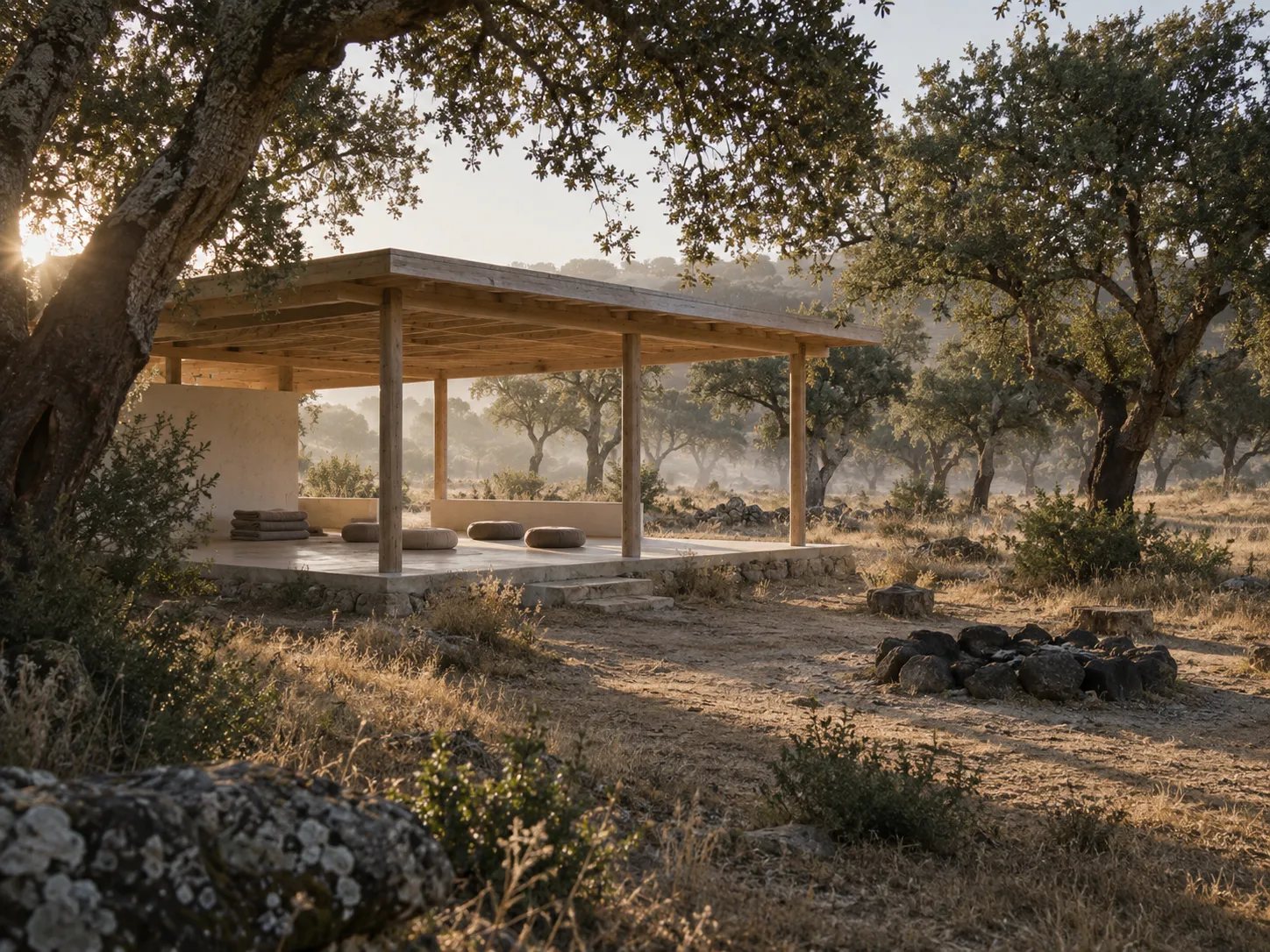 Open timber pavilion with cushions and a fire circle under cork oaks