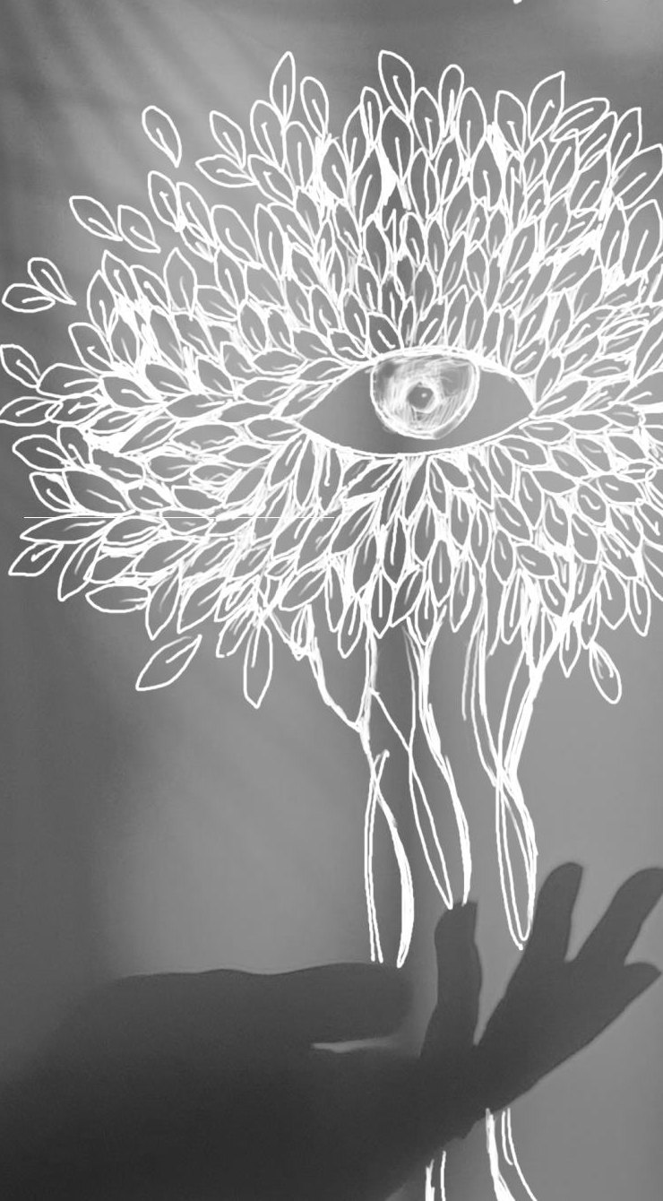 Line drawing of a tree with an open eye in its crown, a hand reaching up to it