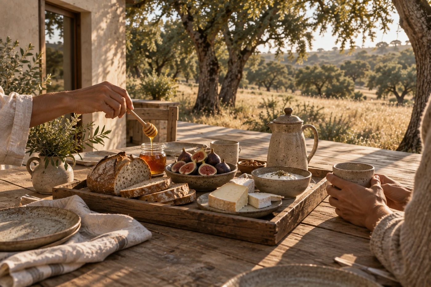 Breakfast tray with bread, honey, figs and cheese on a terrace under cork oaks