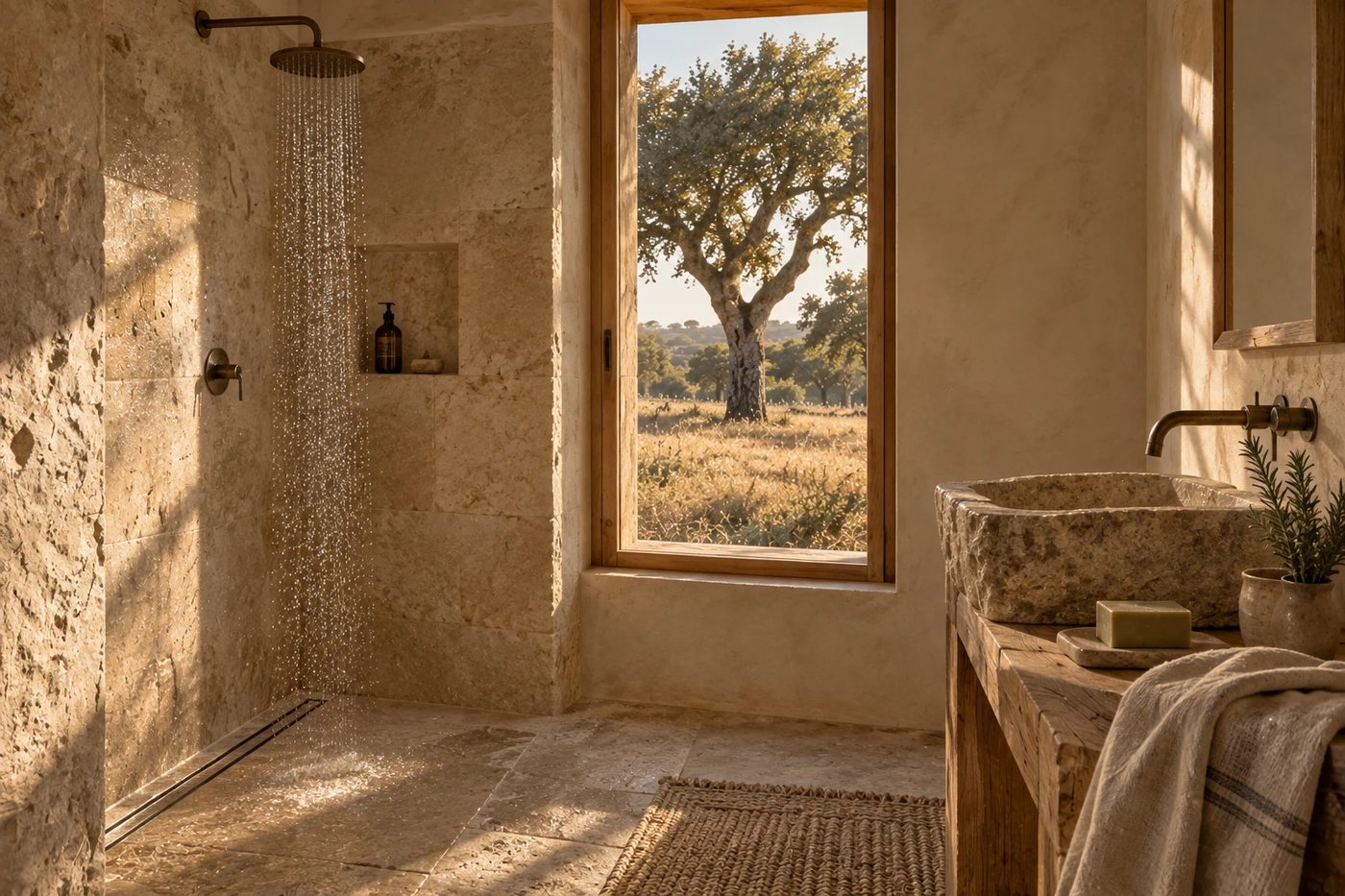 Bungalow bathroom in local stone with a window framing a cork oak