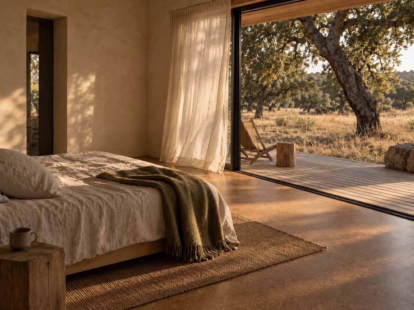 Bungalow bedroom with linen bed and sliding door open to a timber deck