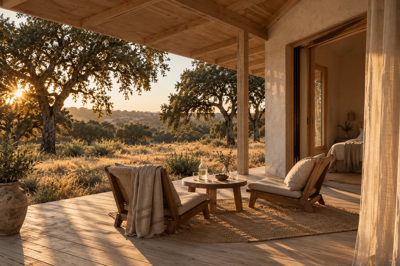 Covered bungalow terrace with two chairs at sunset, cork oaks beyond