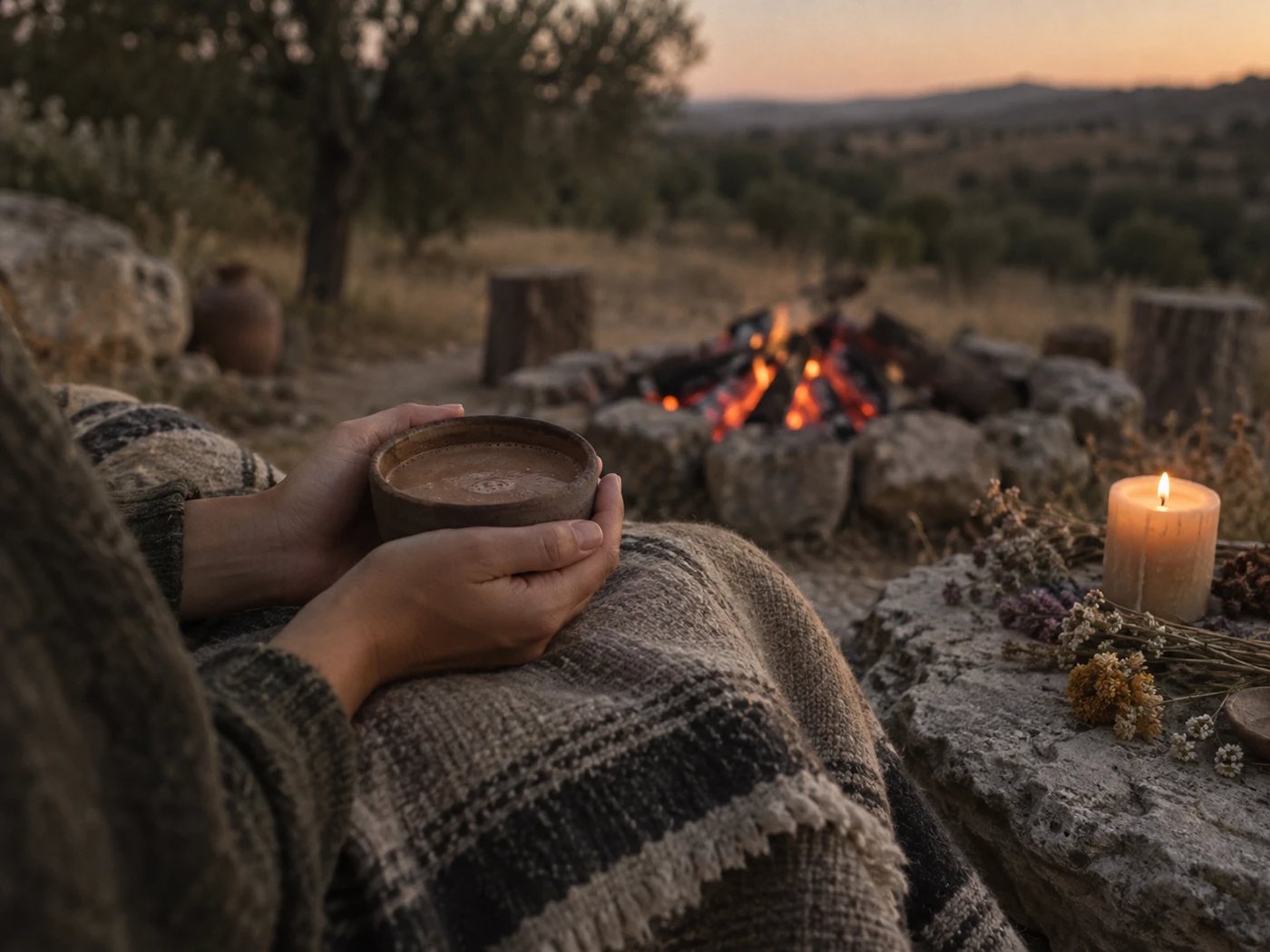 Hands holding a clay bowl of cacao by a fire circle at dusk