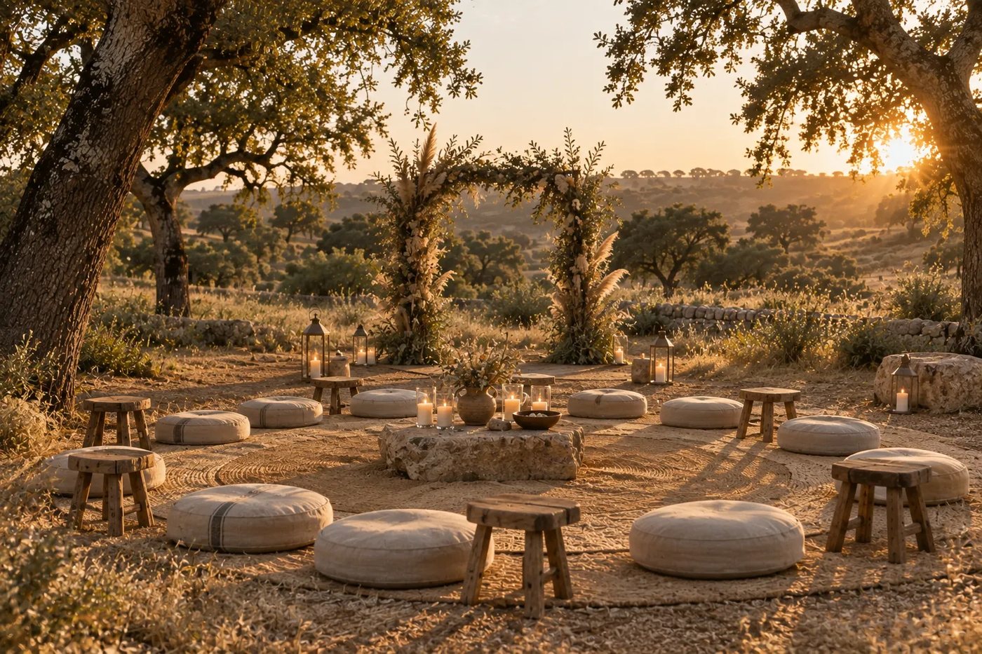 Circle of cushions and lanterns with an arch of olive branches at sunset