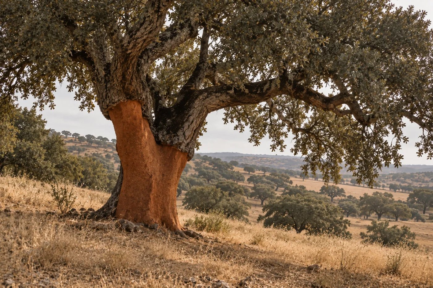 Old cork oak with a freshly harvested trunk on a dry hillside