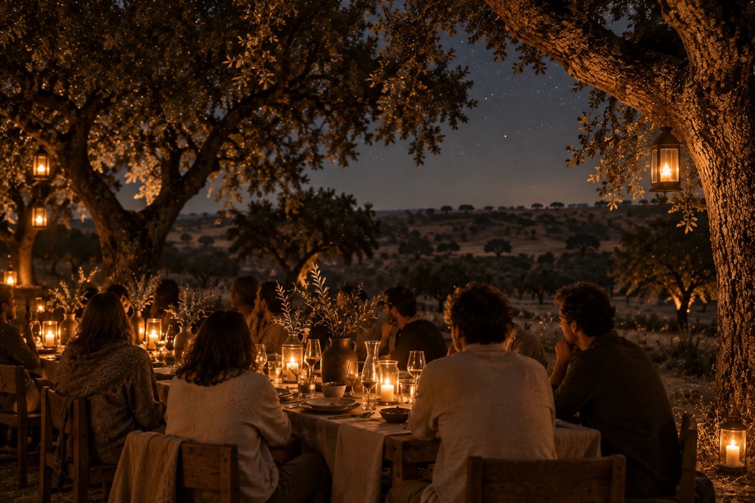Guests at a candlelit long table under cork oaks at night