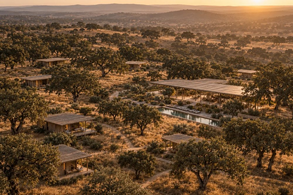 Aerial view of flat-roofed timber bungalows, a pavilion and a pool among cork oaks