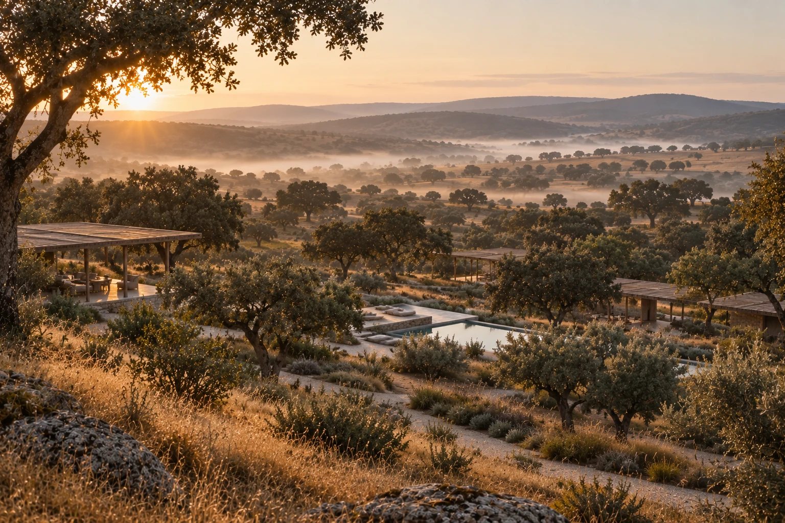 Low timber canopies and a pool among cork oaks at dawn, mist in the valley