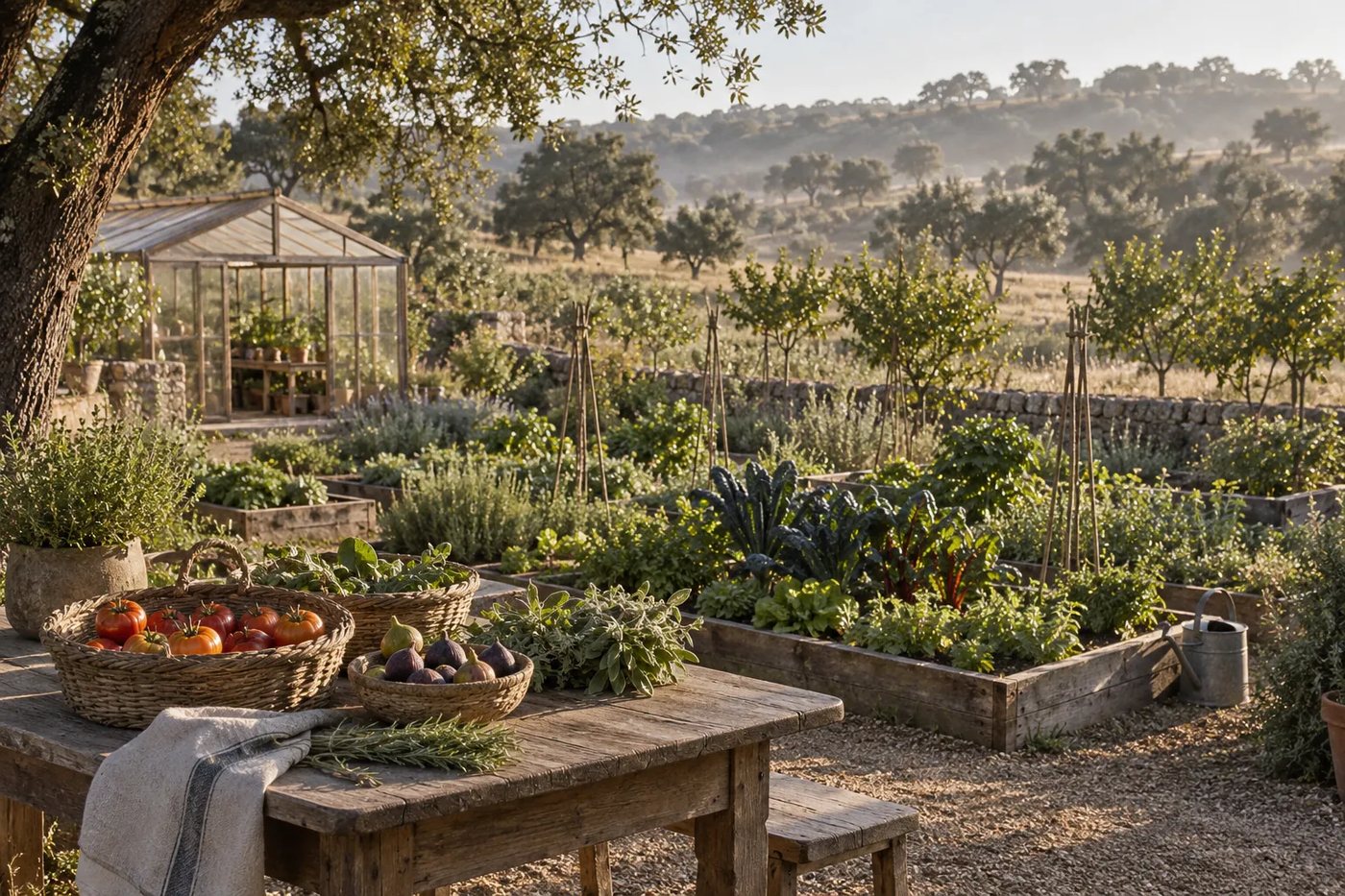 Kitchen garden with raised beds, a greenhouse and baskets of vegetables
