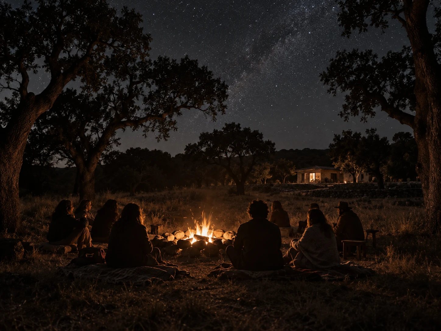 People seated around a fire circle under cork oaks and stars