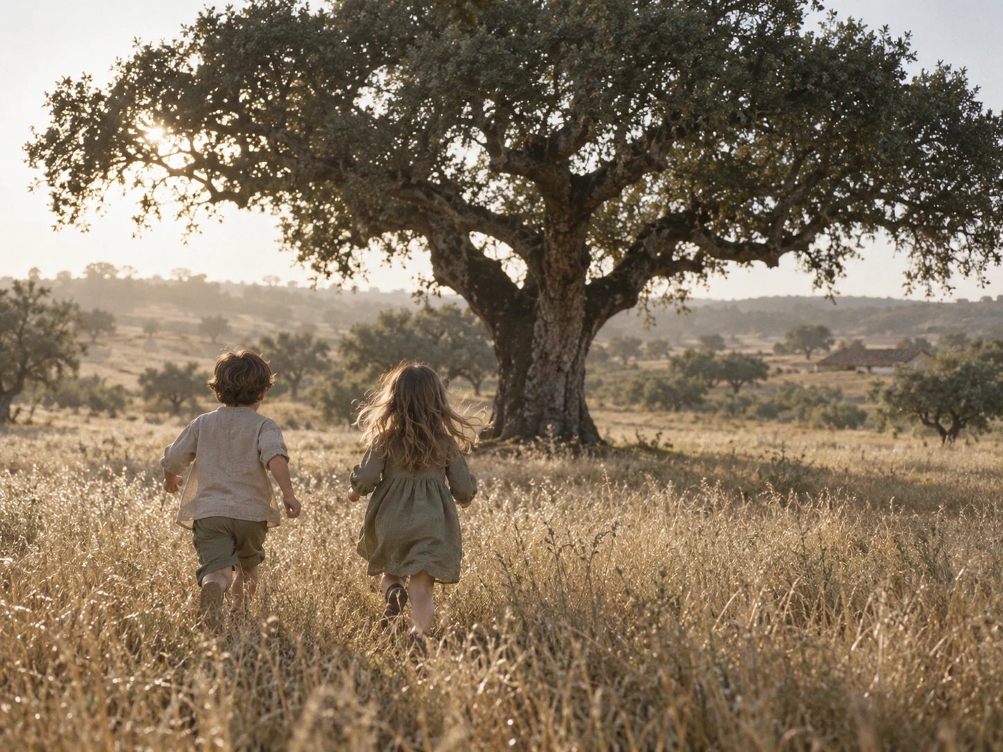 Two children running through tall grass towards a cork oak