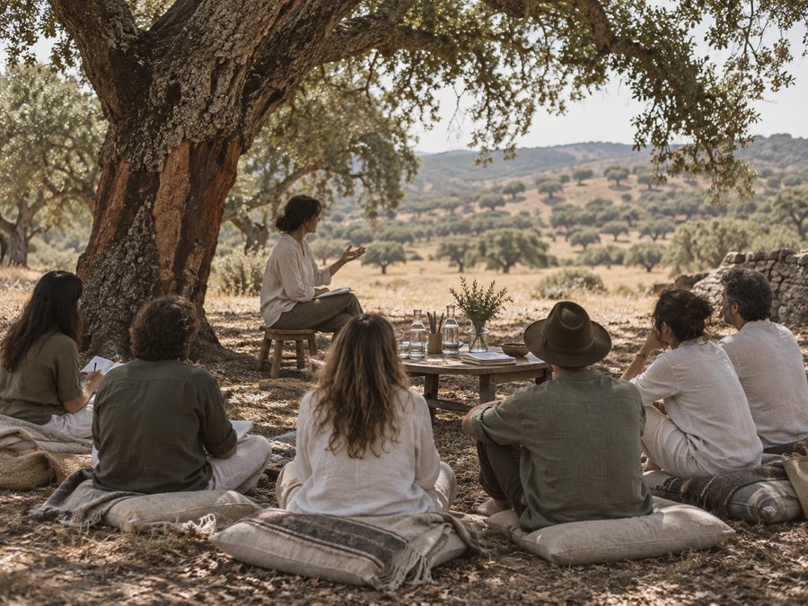 A teacher and a small group seated on cushions under a cork oak