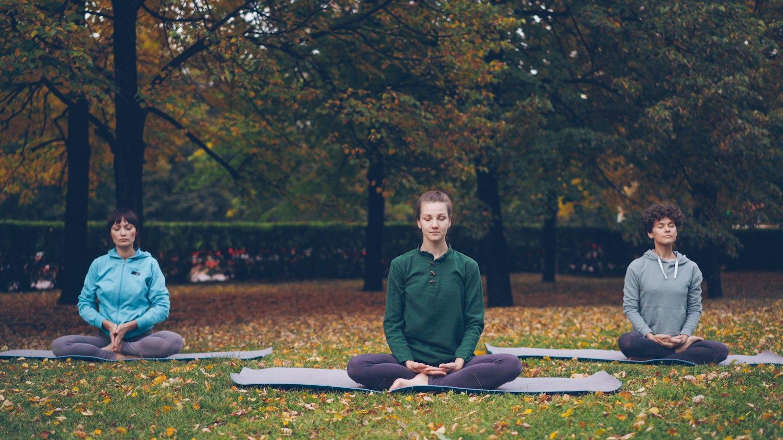 Three people meditating outdoors on mats