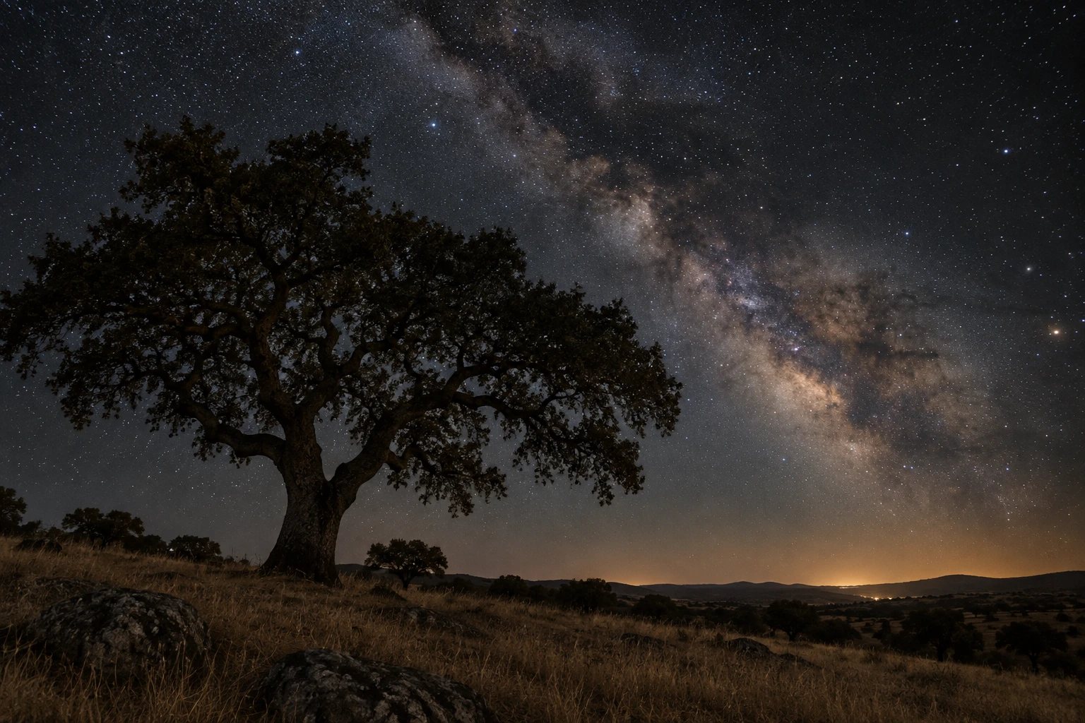 Milky Way over a cork oak on a dark hillside
