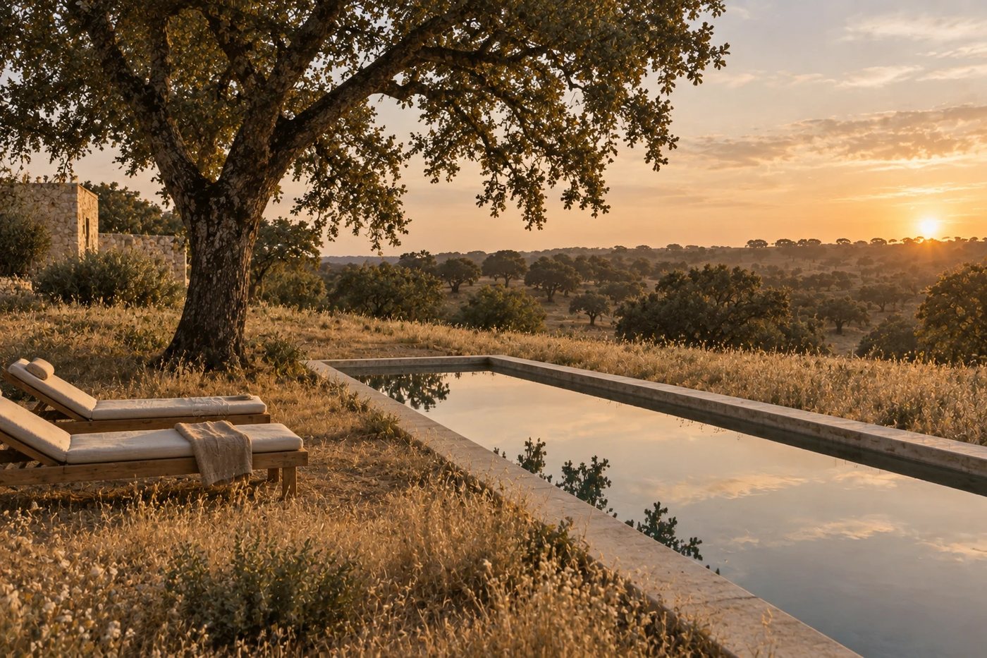 Narrow stone-rimmed pool set into dry grass beneath a cork oak at sunset