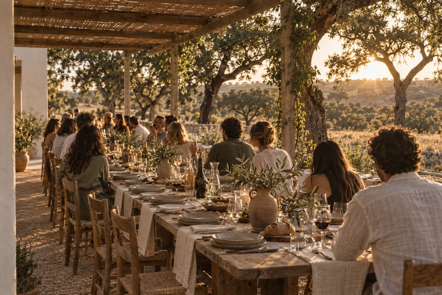 Long dinner table under a timber pergola at golden hour