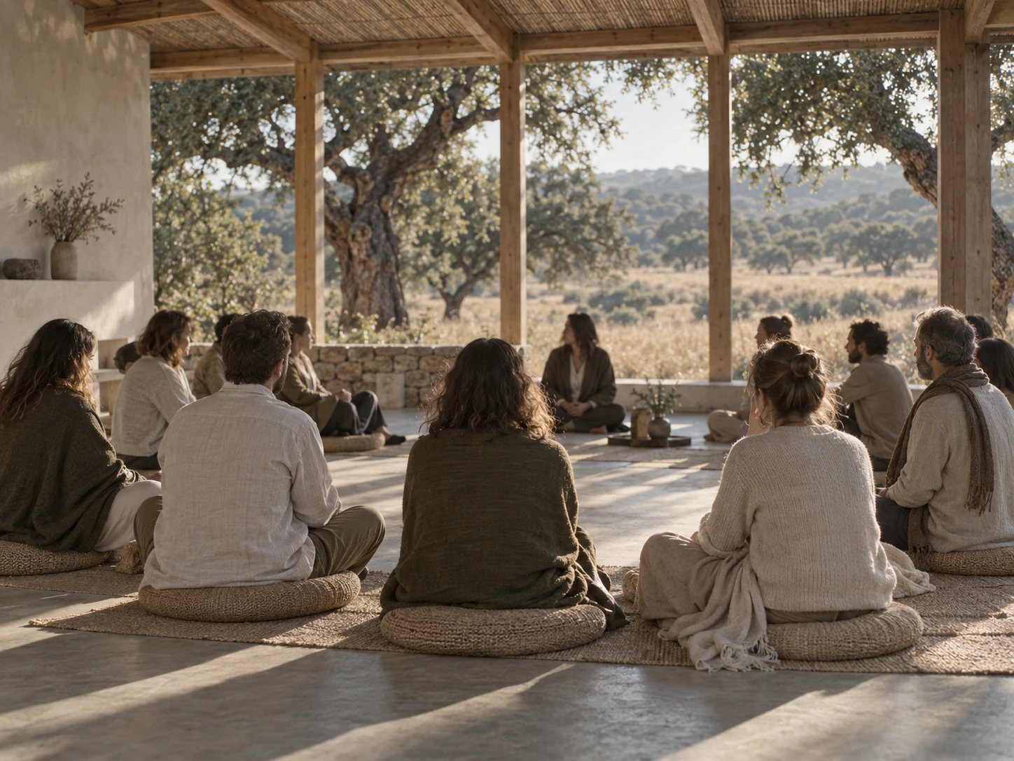 A retreat group seated in a circle on cushions in an open pavilion