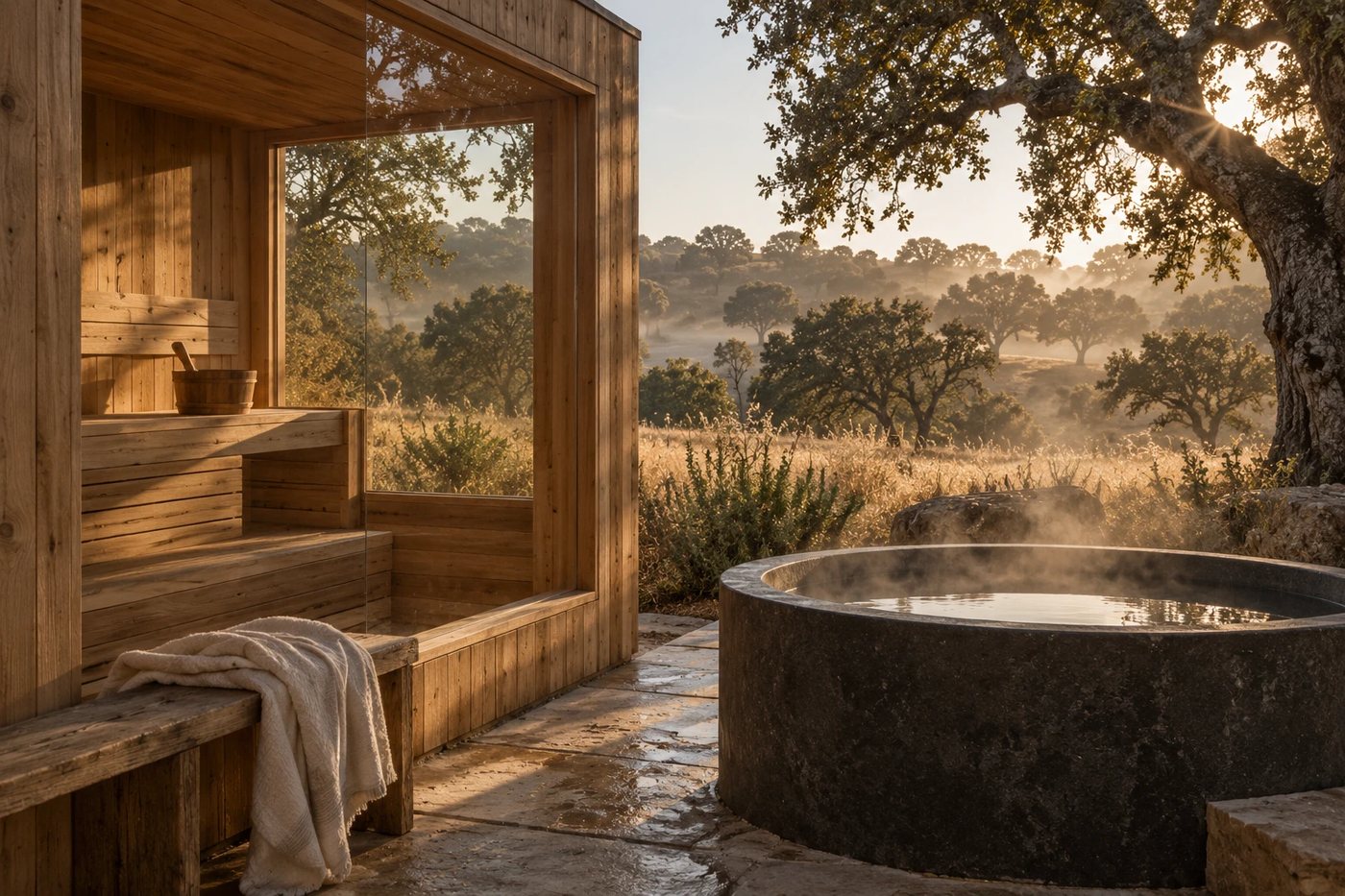 Timber sauna with a glass wall and a stone cold plunge among cork oaks at sunrise