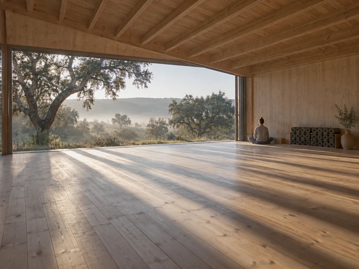 Timber yoga studio with one wall open to cork oaks and morning mist