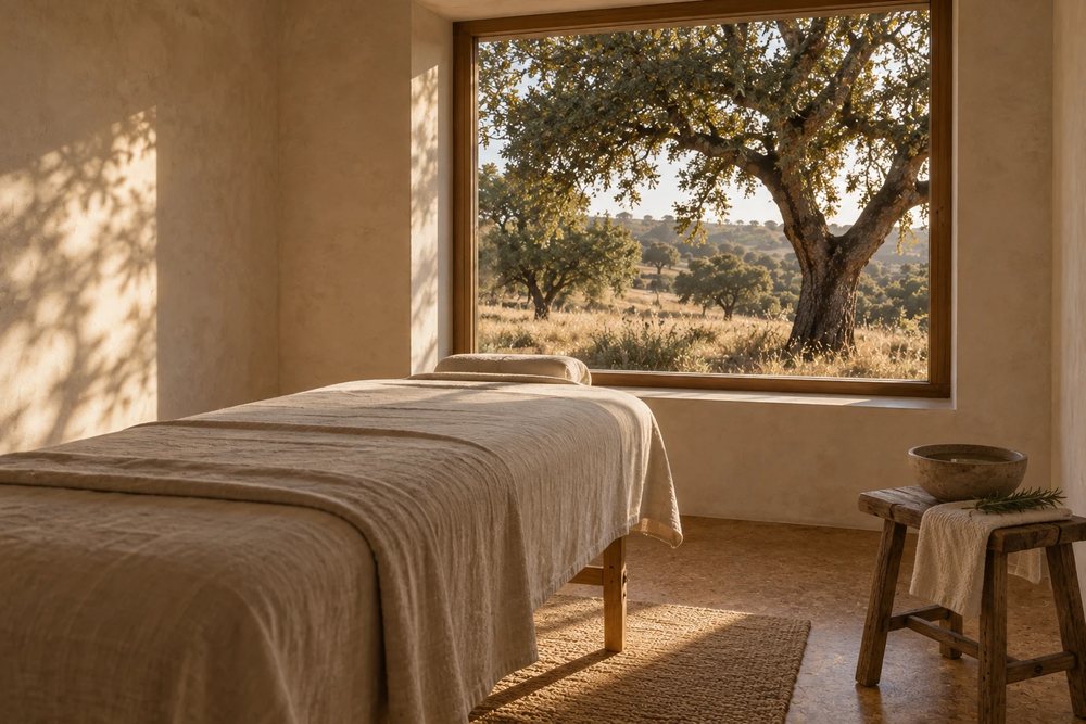 Treatment room with a linen-covered bed and a window framing a cork oak