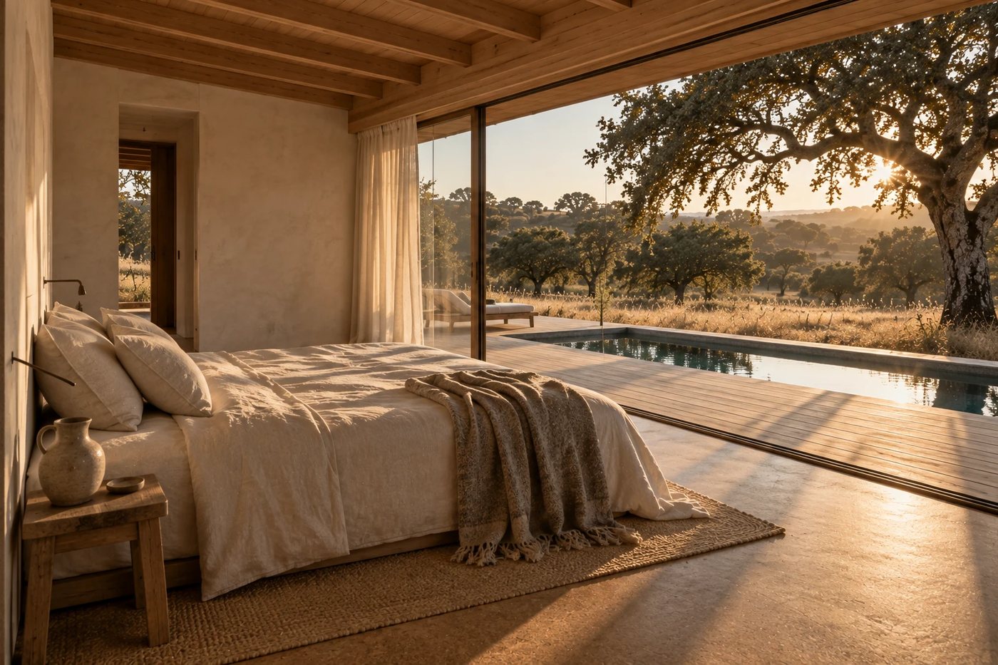 Villa bedroom with linen bed opening onto a deck and pool among cork oaks