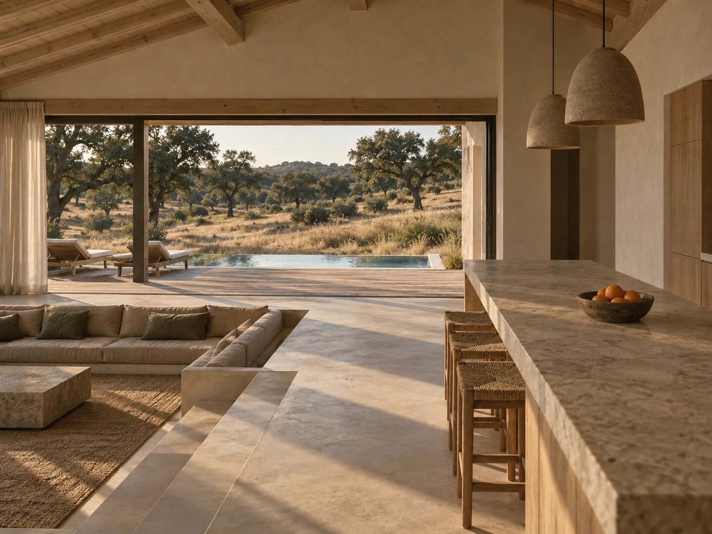 Villa living room with timber beams opening onto a deck and pool