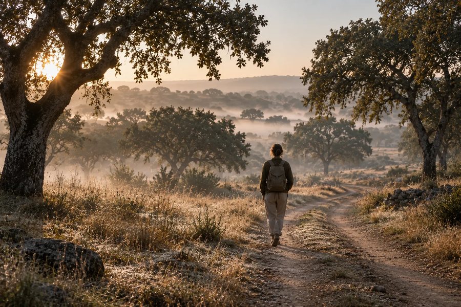 A walker on an earth track through cork oaks at dawn, mist below