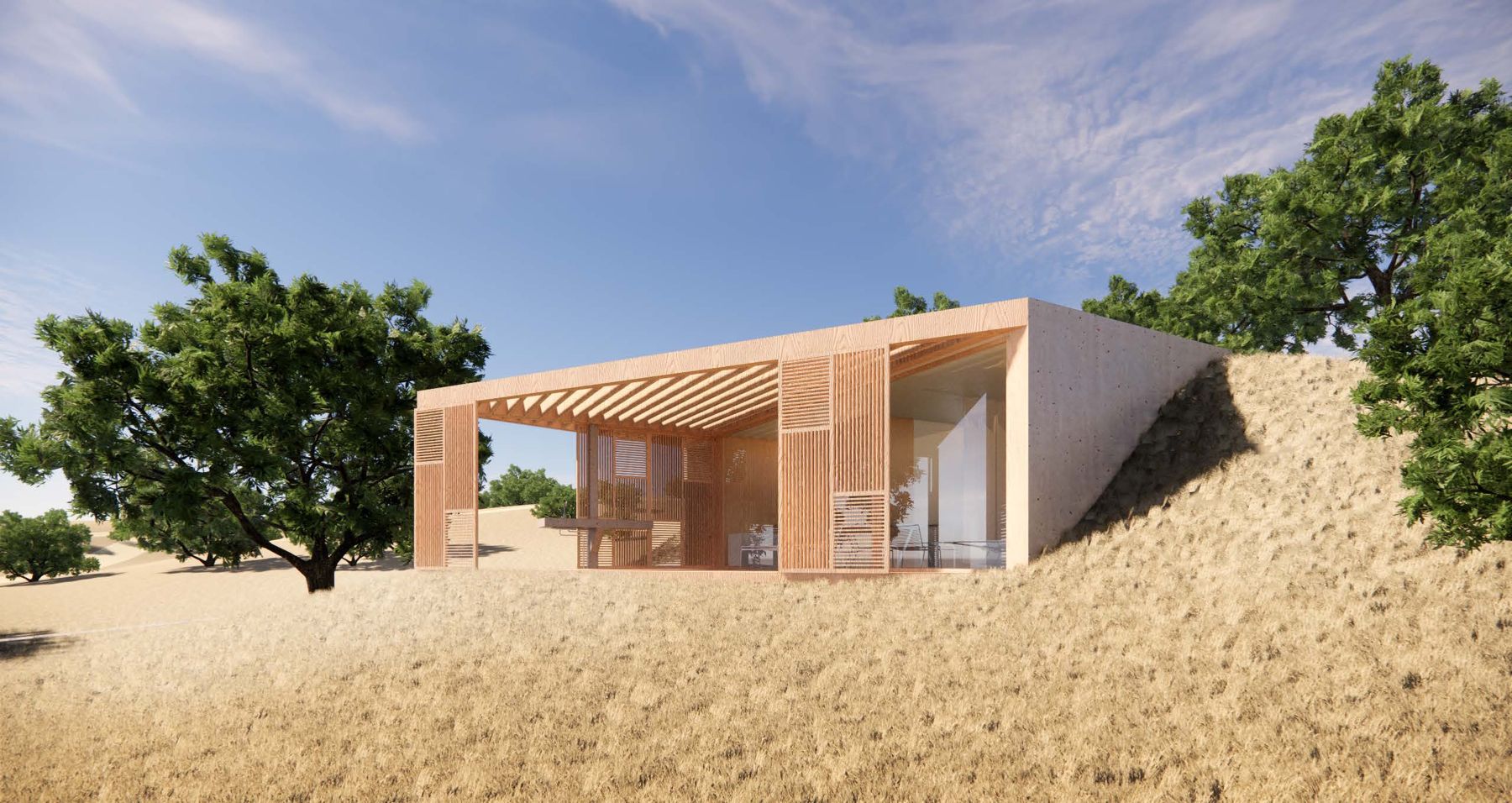 Concept render of a standard bungalow with a timber pergola among cork oaks