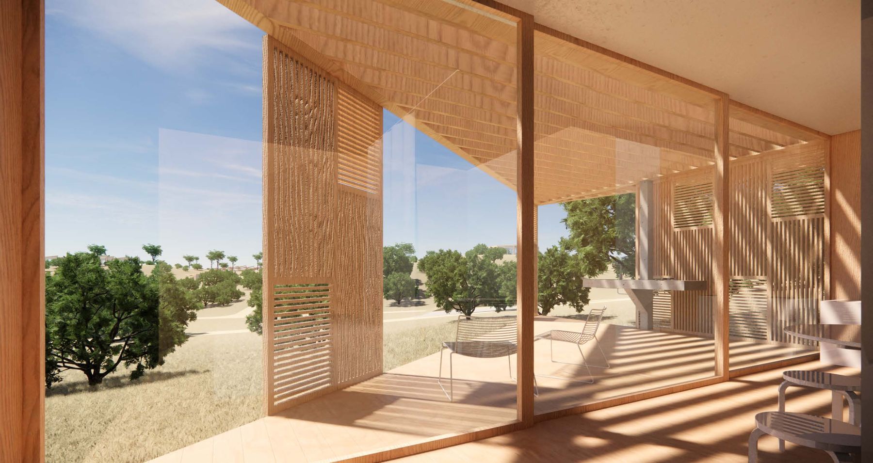 Concept render of a bungalow terrace opening onto cork oaks and dry grass