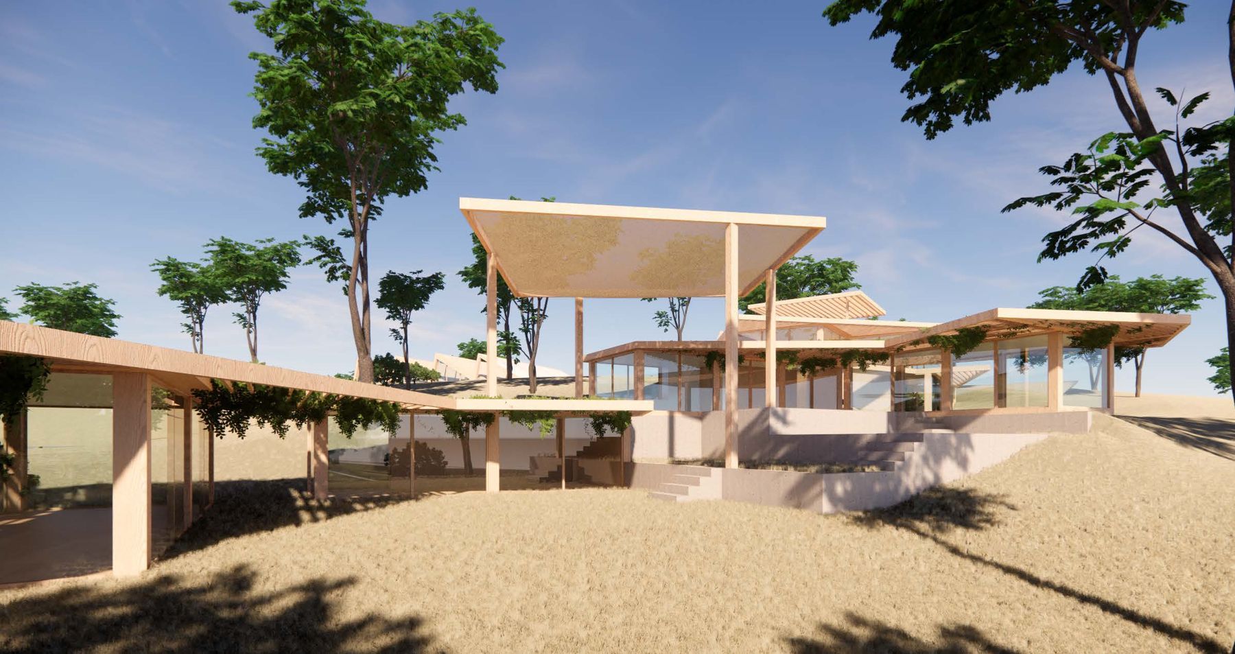 Terraço da casa de hóspedes sob uma ampla cobertura de madeira