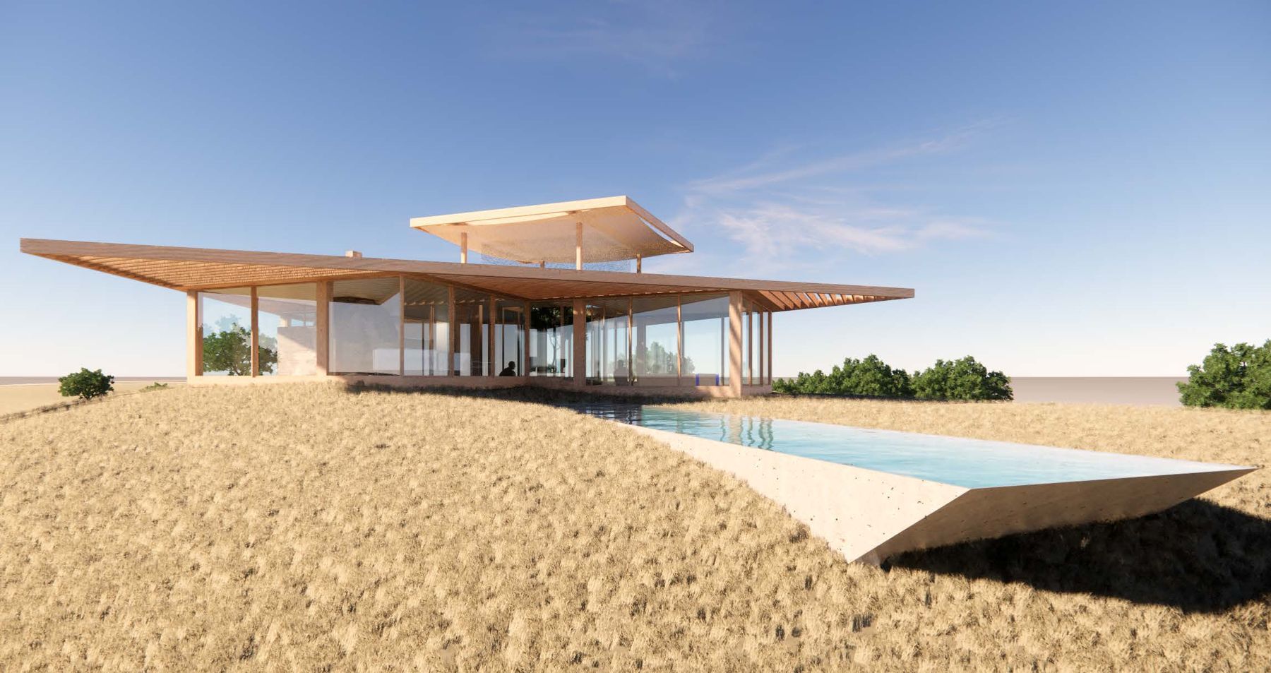 Concept render of a villa cantilevering over the slope with a pool