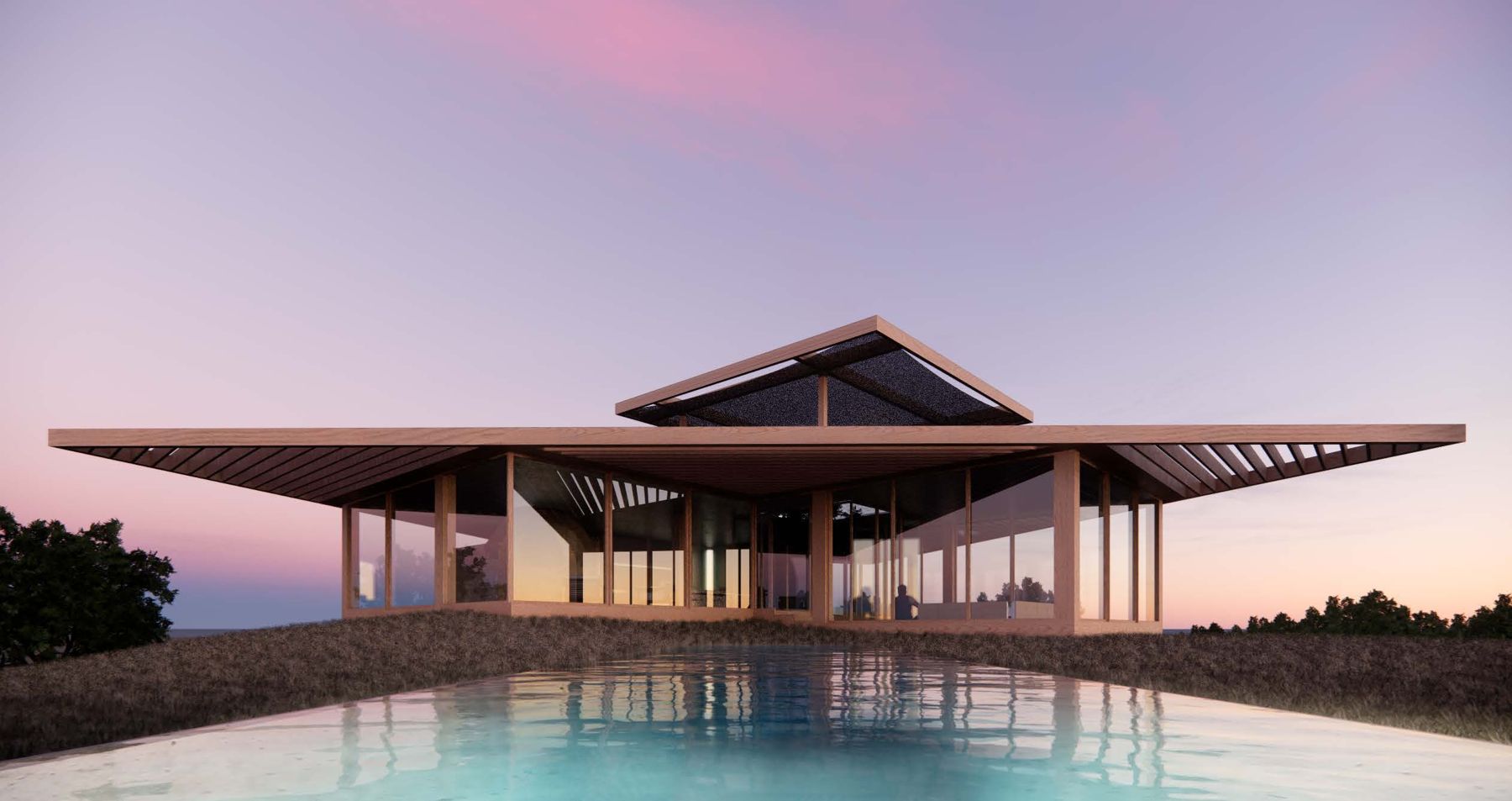 Concept render of a villa and pool at dusk