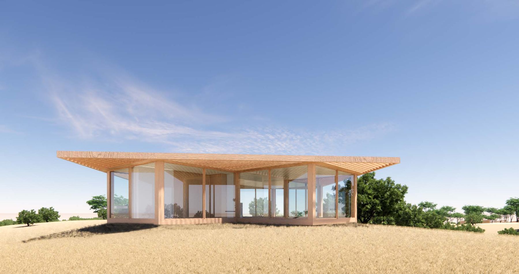 Concept render of the mixed-use pavilion with a wide roof