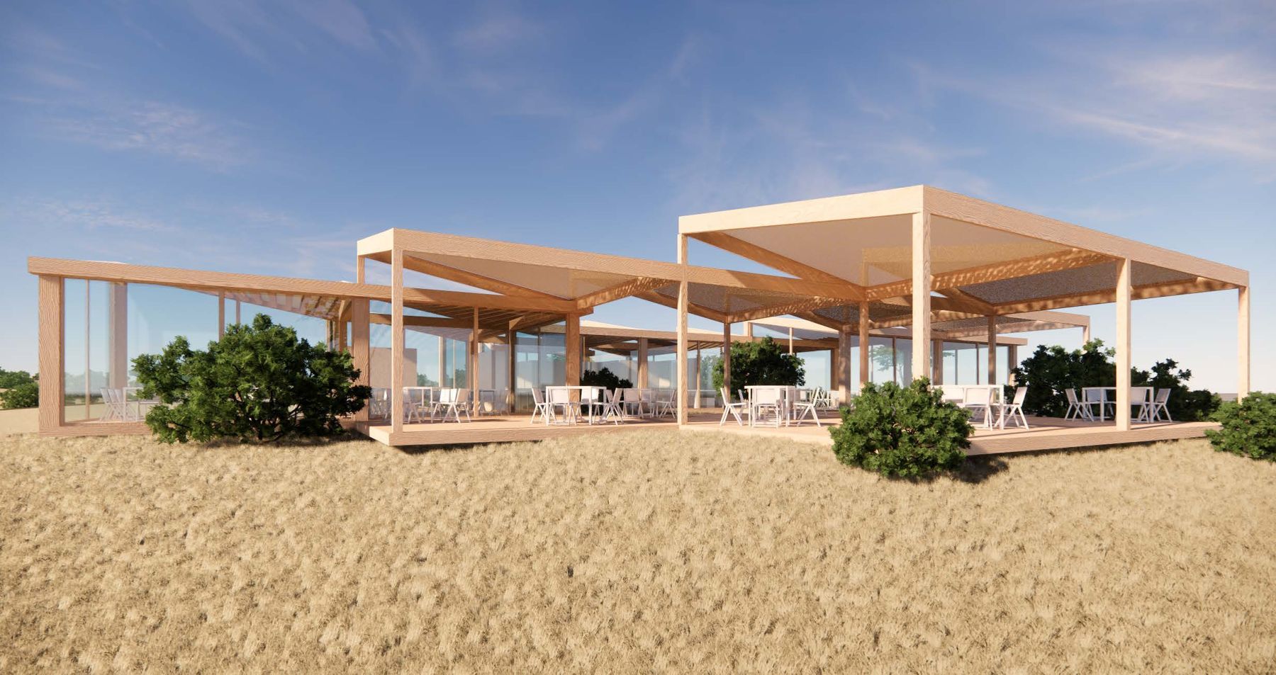 Concept render of the restaurant pavilion with a wide shading roof