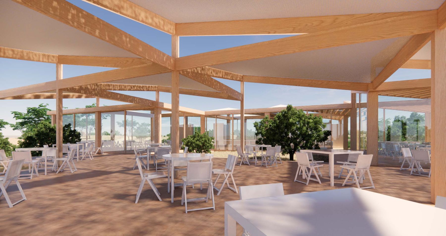 Concept render of the restaurant interior with tables under a timber roof