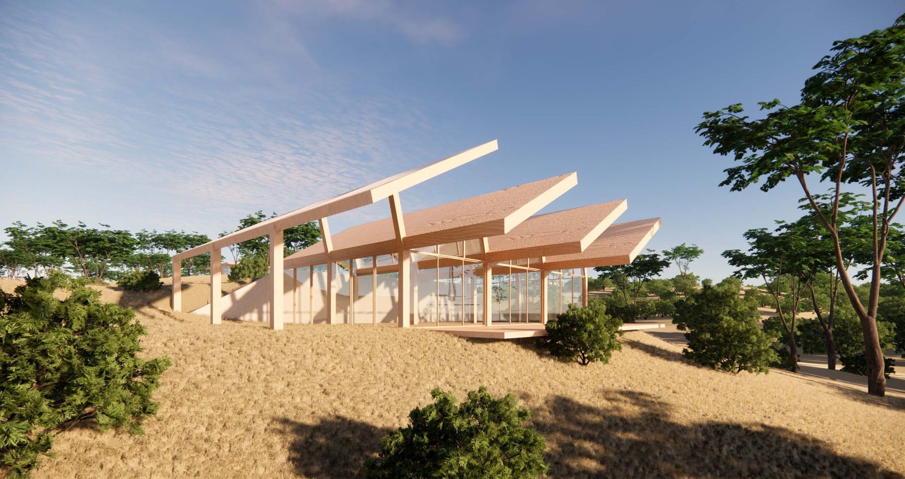 Concept render of an open studio pavilion in dry grassland