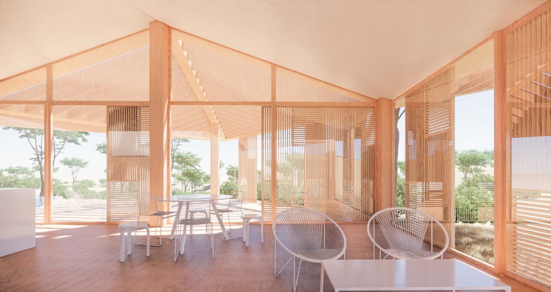 Concept render of a villa living space opening onto the landscape