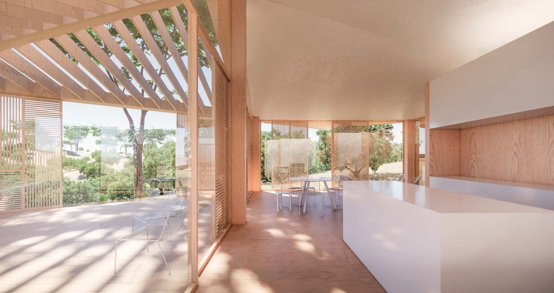Concept render of a villa living room with timber ceiling
