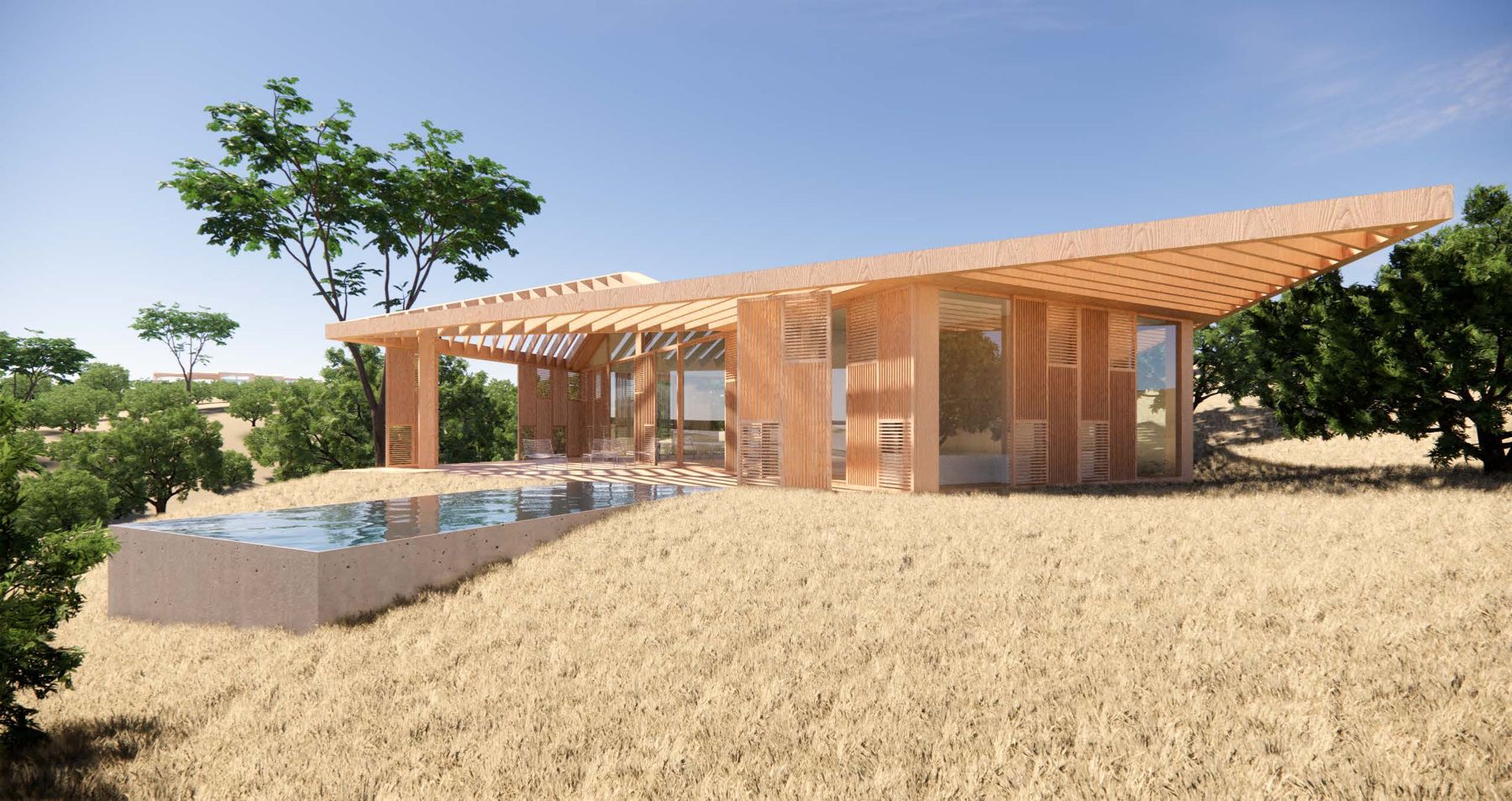 Concept render of a private villa with a pool looking onto the meadow